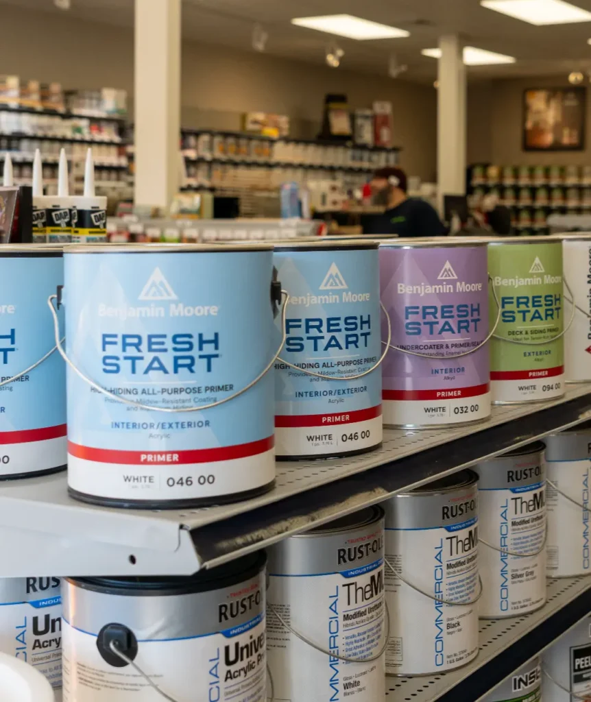 Paint cans displayed in a store