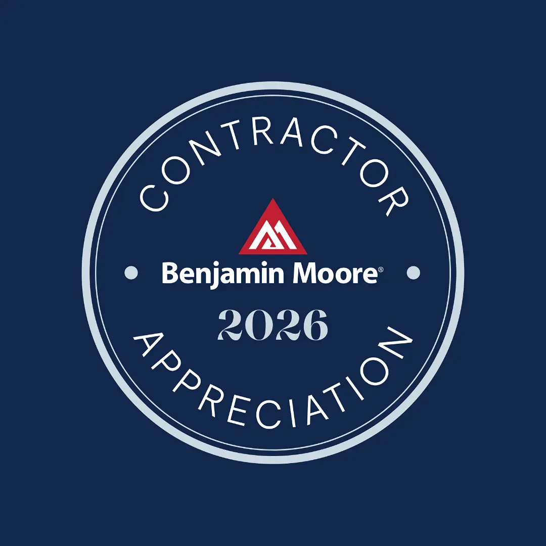 Farrow & Ball Signature Palette Collection 13 Benjamin Moore 2026 Contractor Appreciation circular logo on a dark blue background.