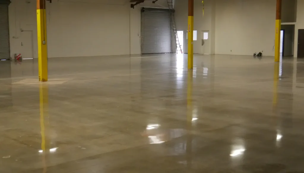 Shiny, polished concrete warehouse floor.
