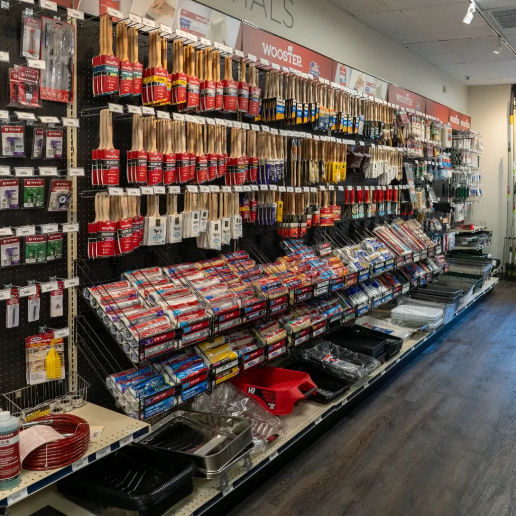 Paint supplies organized on store shelves