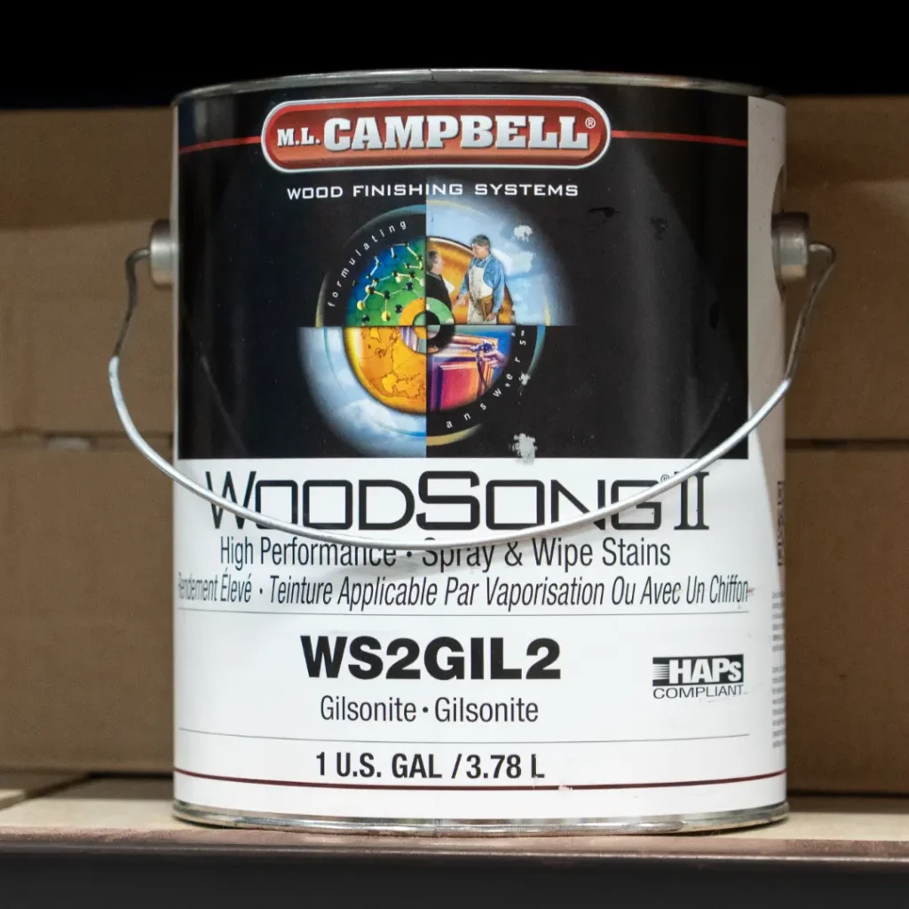 Can of wood stain on shelf