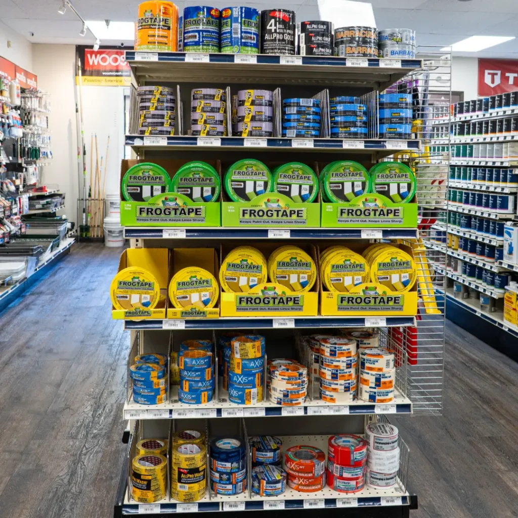 Can of wood stain on shelf