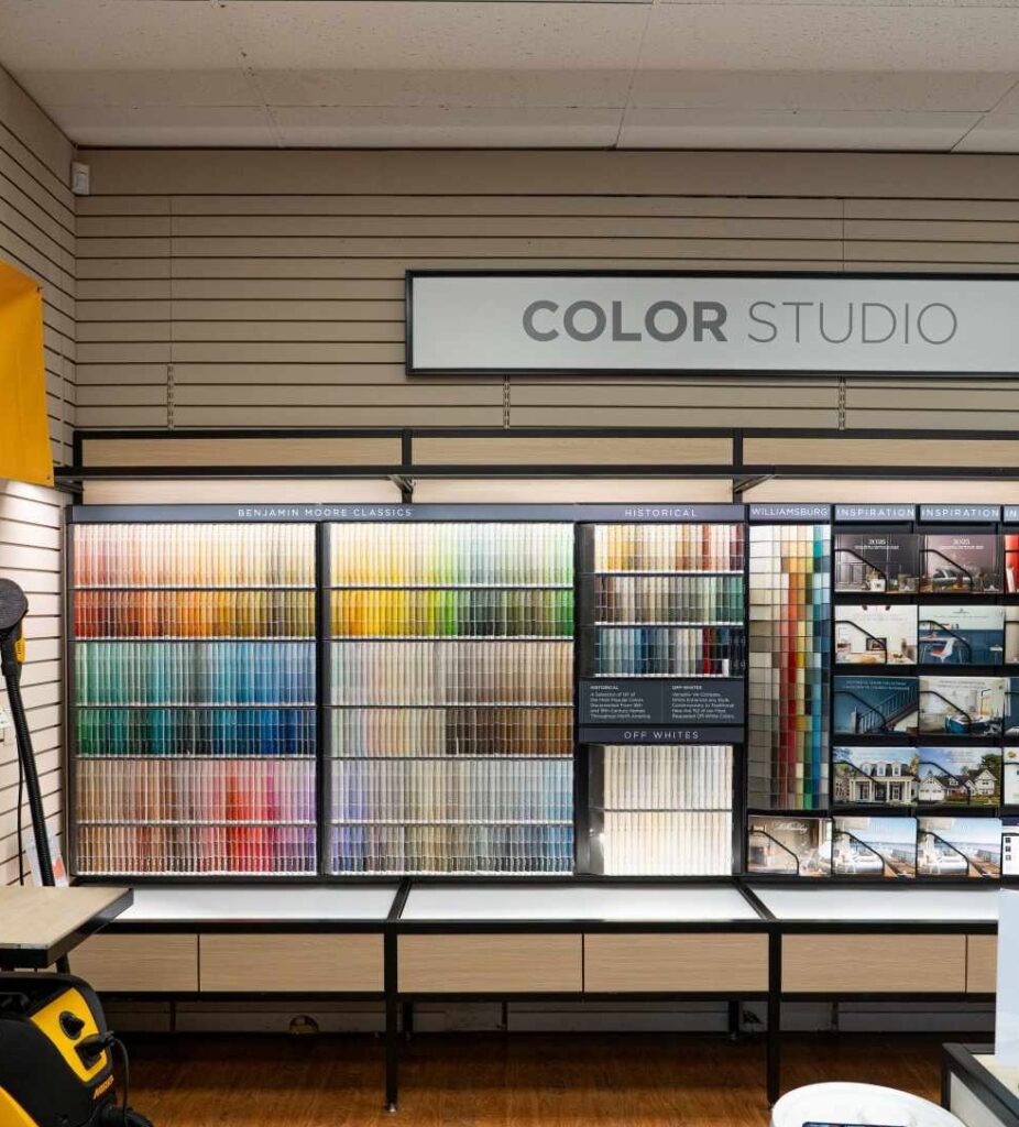 Color samples displayed in organized shelves