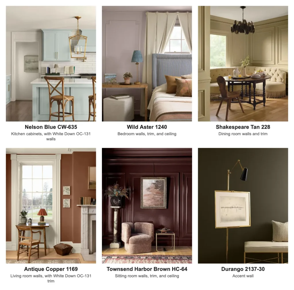 Benjamin Moore Color Trends 2027 palette in six rooms: Nelson Blue CW-635, Wild Aster 1240, Shakespeare Tan 228, Antique Copper 1169, Townsend Harbor Brown HC-64 and Durango 2137-30
