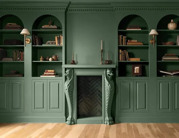 A green painted room with lower paneled walls and arched built-in shelving in Benjamin Moore Webster Green HC-130